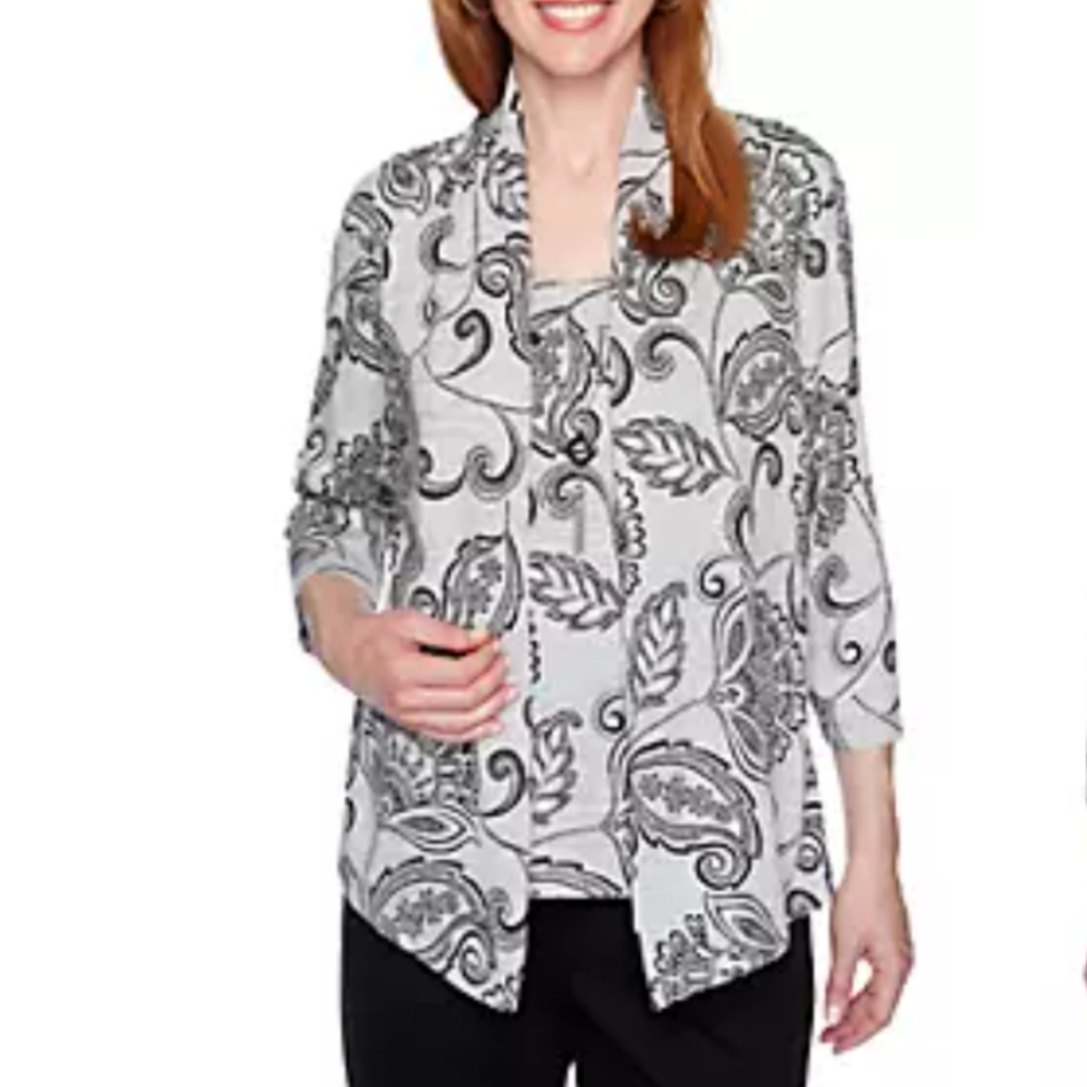 Alfred Dunner Two For One Shirt Sleeve Top Gray Silver and Black Small Petite
